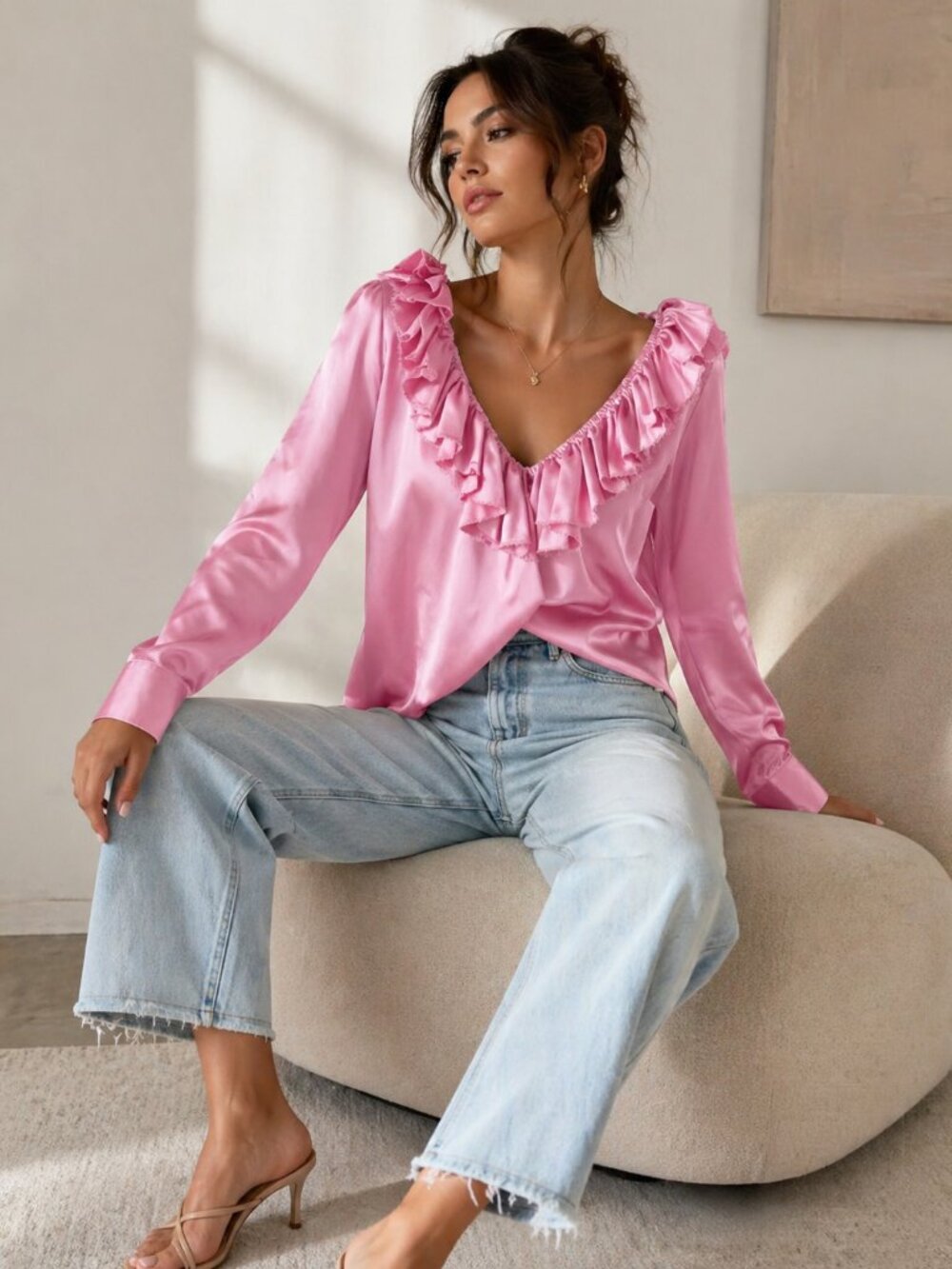 MSGM Pink Ruffled V-Neck Blouse
